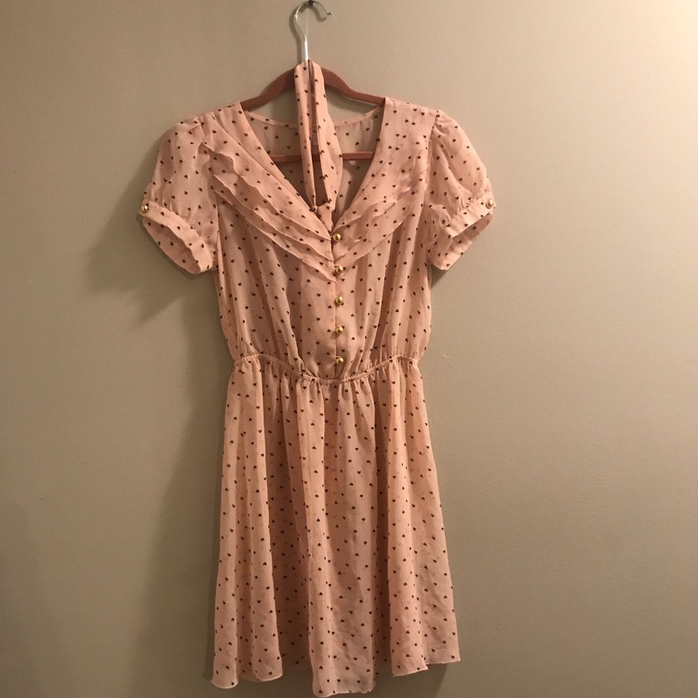50s Style Heart-Print Sheer Pink Dress w/ Tie Belt